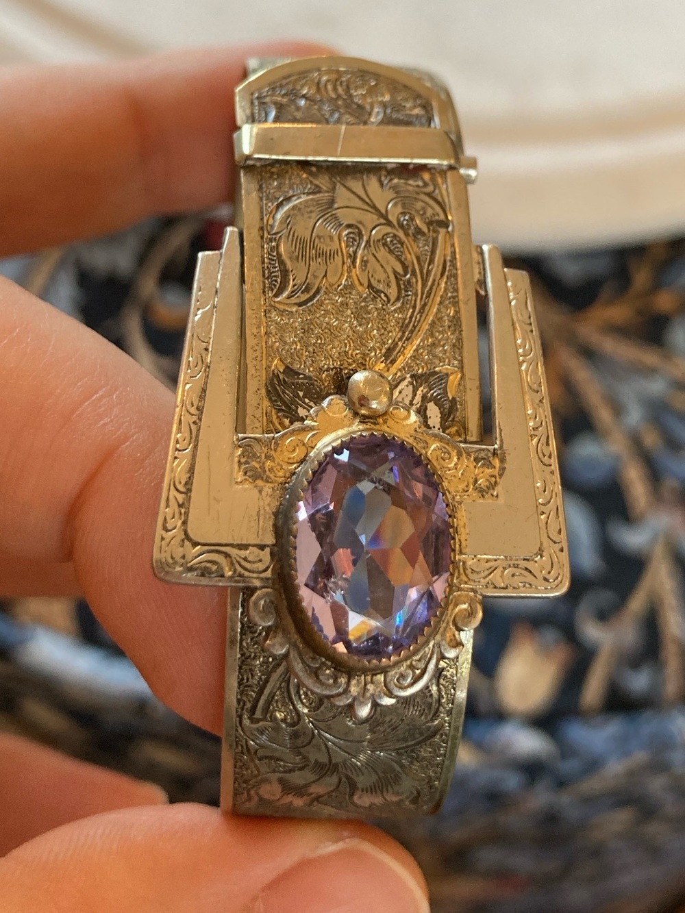 Antique 1930s Art Deco Amethyst Paste Gold Gilt Belt Buckle Bracelet Pat. Marked